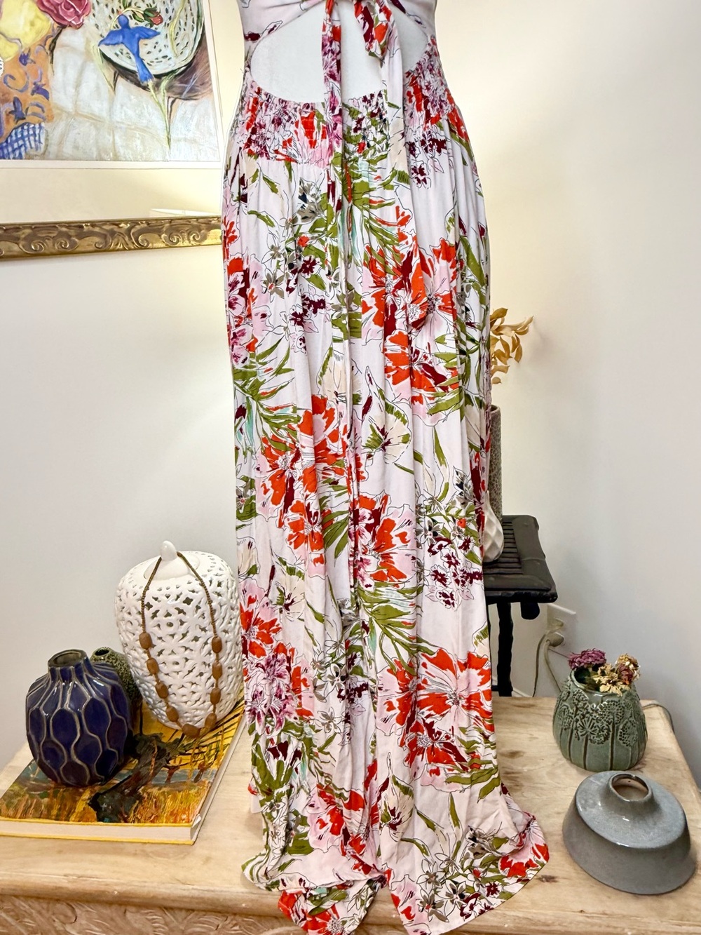 Abel The Label Dress S Floral Halter Open Back Maxi Boho Resort Slit Crochet - Picture 9 of 9